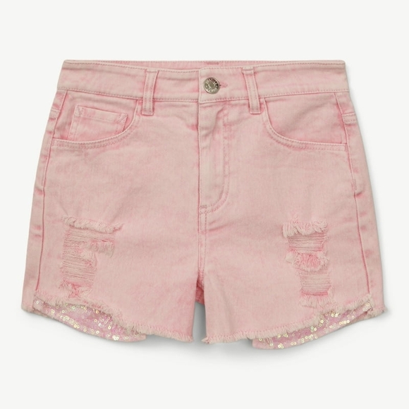 Justice Girls Mini Sequin Pink Distressed Denim Shorts - Picture 1 of 4